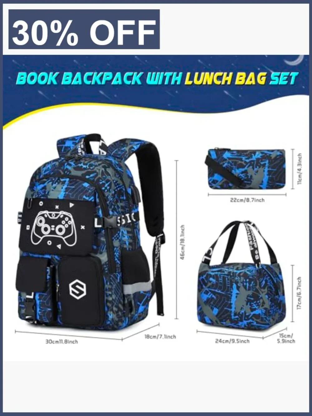 Kids School Backpack with Lunch Bag & Pencil Case, 15.6
